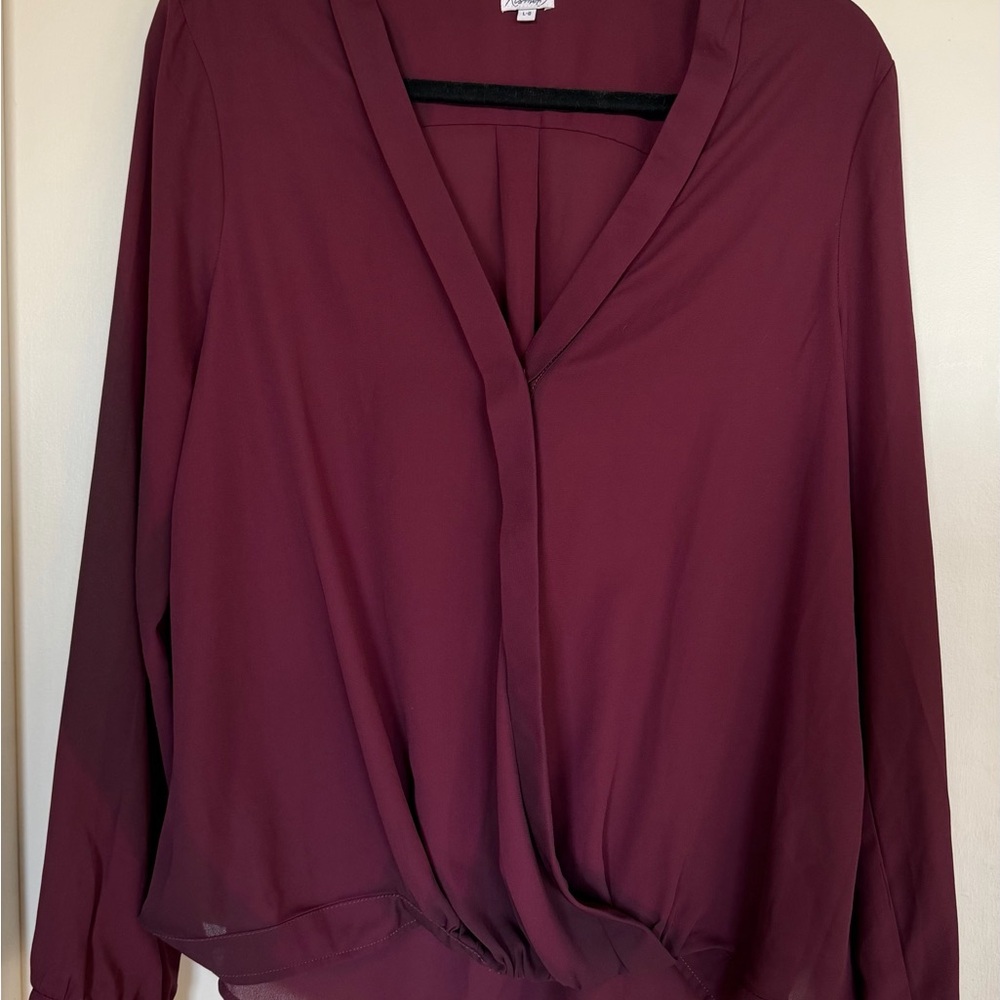 Kismet Burgundy Surplice Wrap Blouse Large Flowy Long Sleeve Career Top Size L - Picture 2 of 8